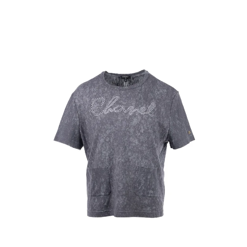 Chanel Size 42/44 20S Signature Logo with Crystal CC Logo Plaque T-shirt Cotton Gray