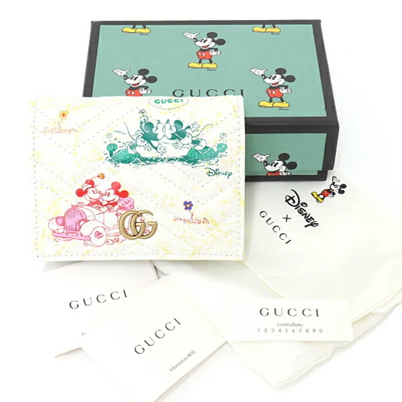 GUCCI x Disney  GG Marmont Card Case Wallet Bifold Compact Double G Mickey Minnie Leather 616768 White Multicolor Gold Hardware