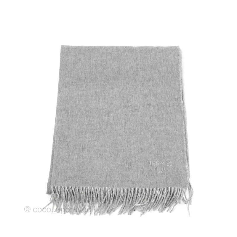 Hermes Cashmere Fringe Scarf Stole Gris Flanelle / Ivoire