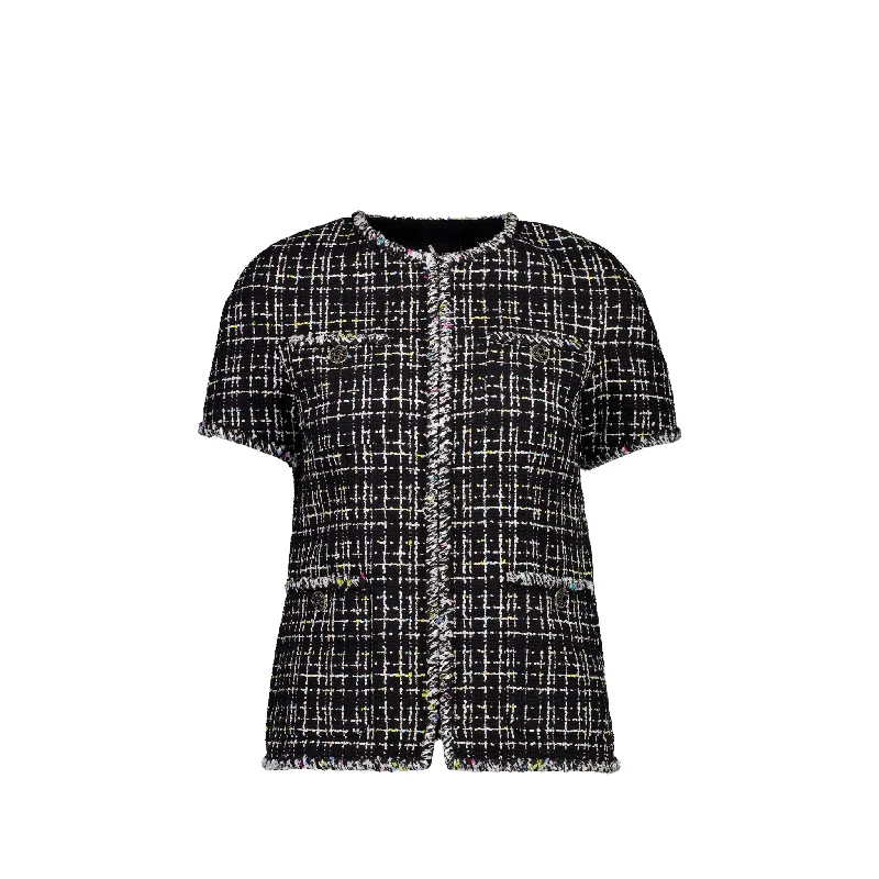 Chanel Size 38 Short Sleeve Tweed Jacket Black/White/Pink/Yellow