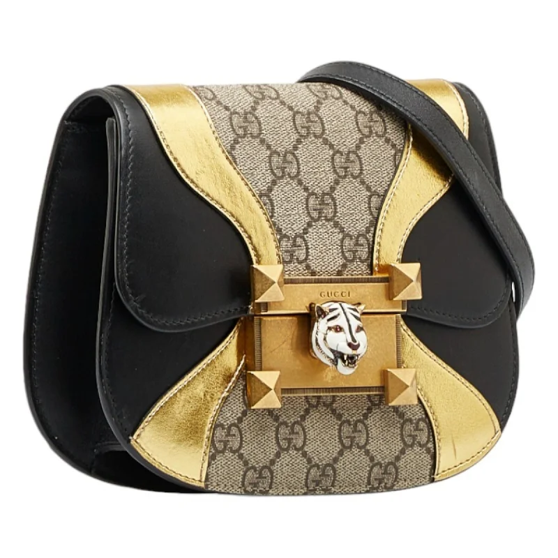 GUCCI Ogilide Shoulder Bag 500781 Black Gold Beige Leather PVC Women's