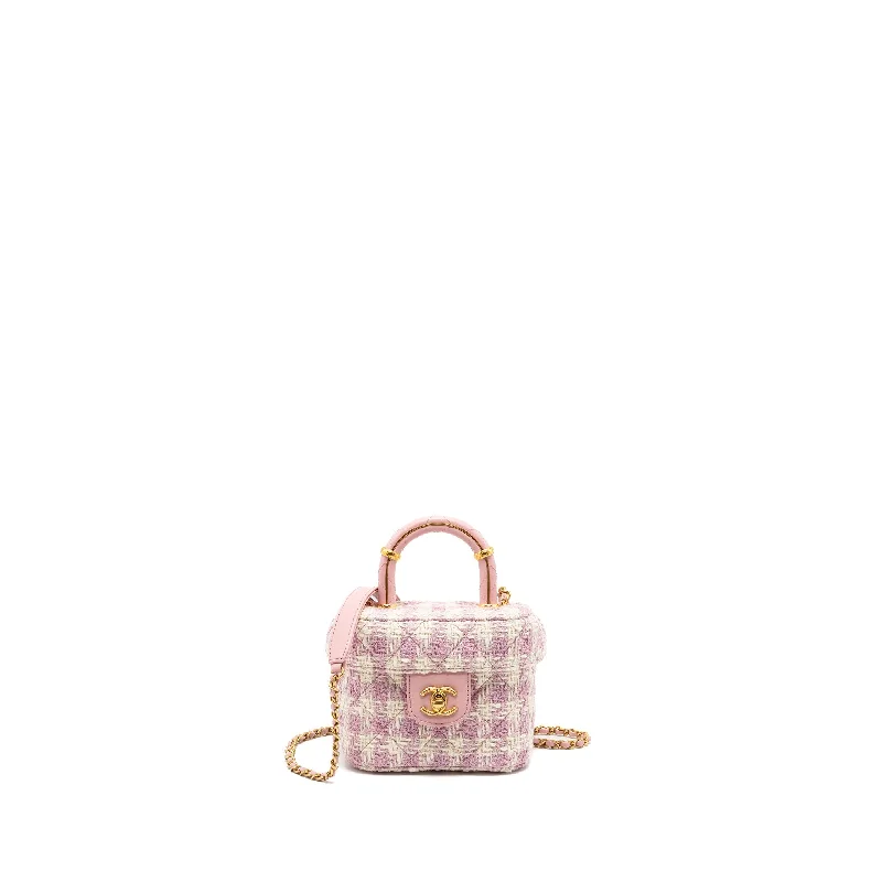 Chanel top handle vanity bag with chain tweed pink GHW (Microchip)